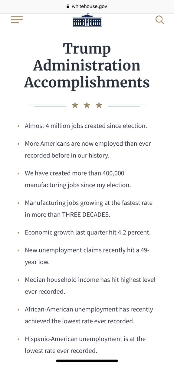 #TrumpMustResign is trending this morning.

He must Resign for what ? 
For not colluding with Russia?

For creating over 4 million jobs

Because African American &amp; Hispanic unemployment rate is at all time low 

Because of his historic criminal justice reform?
 
Someone explain?
