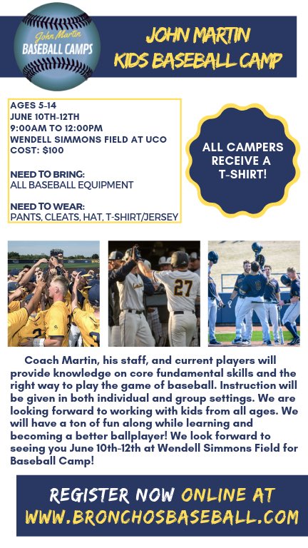 Uco Baseball On Twitter Camp Season Kids Camp June 10 12 2019 9 00am 12 00pm Prospect Camp June 12 2019 2 00pm 6 00pm For More Information Email Jmartin97 Uco Edu Register Online At Https T Co Mtiefmkidu Https T Co Cea1iz7iak