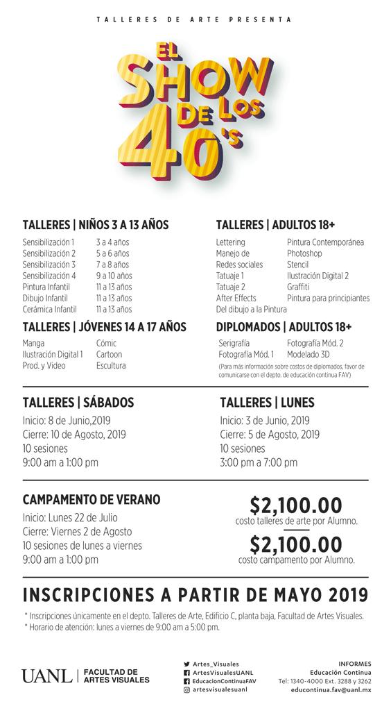 ¡Inscríbete a los talleres de artes que la FAV tiene para ti!

Talleres para niños, jóvenes y adultos y también campamento de verano.¡Inscripciones todo el mes de Mayo!

Pregunta por tu taller favorito: educontinua.fav@uanl.mx