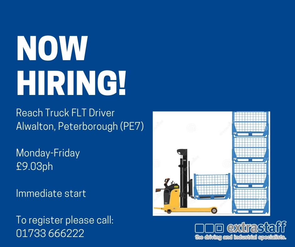 extrastaffjobs's tweet image. Extrastaff Peterborough are looking to recruit a Reach Truck FLT Driver - Alwalton, Peterborough (PE7). Monday-Friday, initially training on shifts of 08:00-16:00, then 14:00-22:00. Pay rate is £9.03ph. For more info 01733 666222, or email peterborough@extrastaff.com
#fltdriver