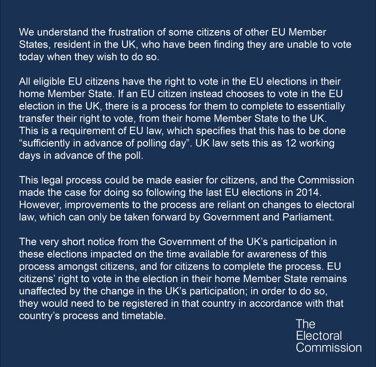 Electoral Commission statement regarding some EU citizens being unable to vote in the European Parliamentary Elections