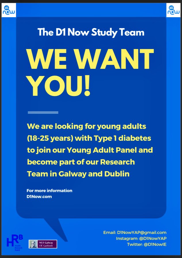 We are recruiting! We are looking for young adults (age 18 - 25) living with #t1d to join our Young Adult Panels in Galway and Dublin. For more info see d1now.com , email us on d1nowYAP@gmail.com, or pop a DM here 📩 #ppi #type1 #type1diabetes #pwd #dsma Please RT