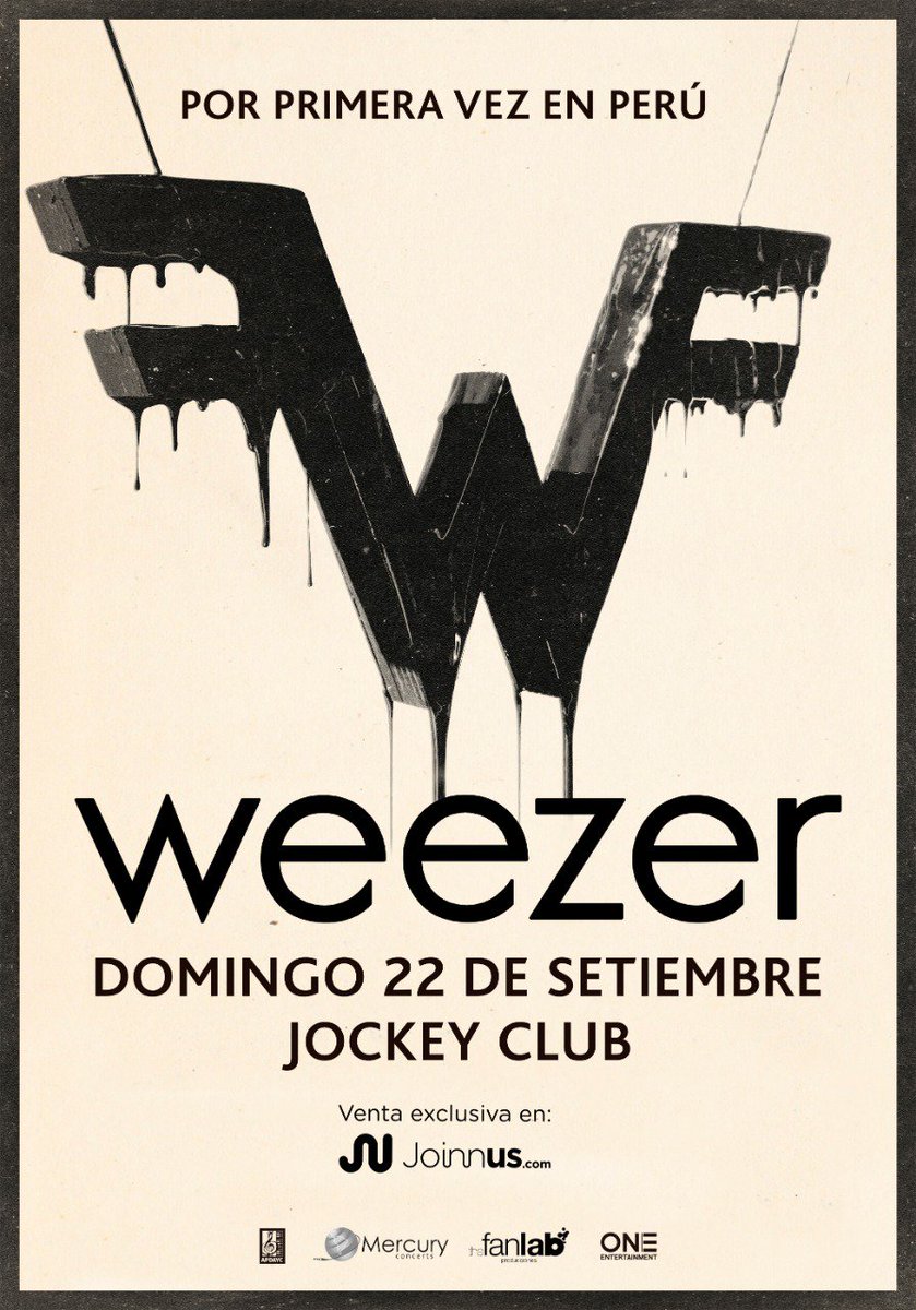ONEntertain's tweet photo. Por primera vez en Lima: @weezer En Concierto
Domingo 22 de Setiembre - Jockey Club
Entradas a la venta en @joinnus desde las 00 horas del Miercoles 29 de Mayo
@riverscuomo @patrick_wilson @SGS711 @karlophone #weezerenlima #weezer #lima #peru https://t.co/Yb1UVJy3bY