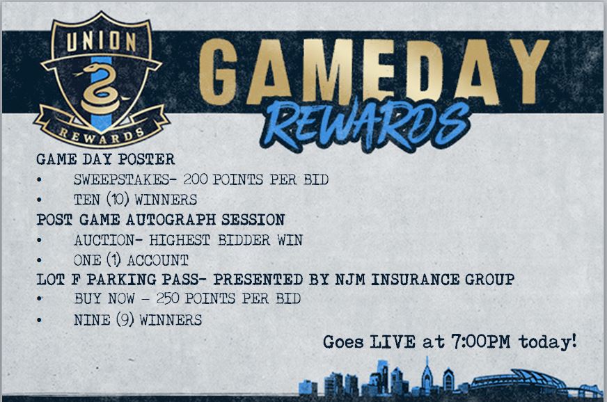 UnionFanService's tweet photo. Hey Union STMs, don't forget to bid on this week's
Game Day Rewards! You have until Friday, May 24th at noon to
place your bids and win big. Good Luck! #GameDayRewards #PhilaUnion #DoubleRewardsPoints https://t.co/sdB7o0DcVj