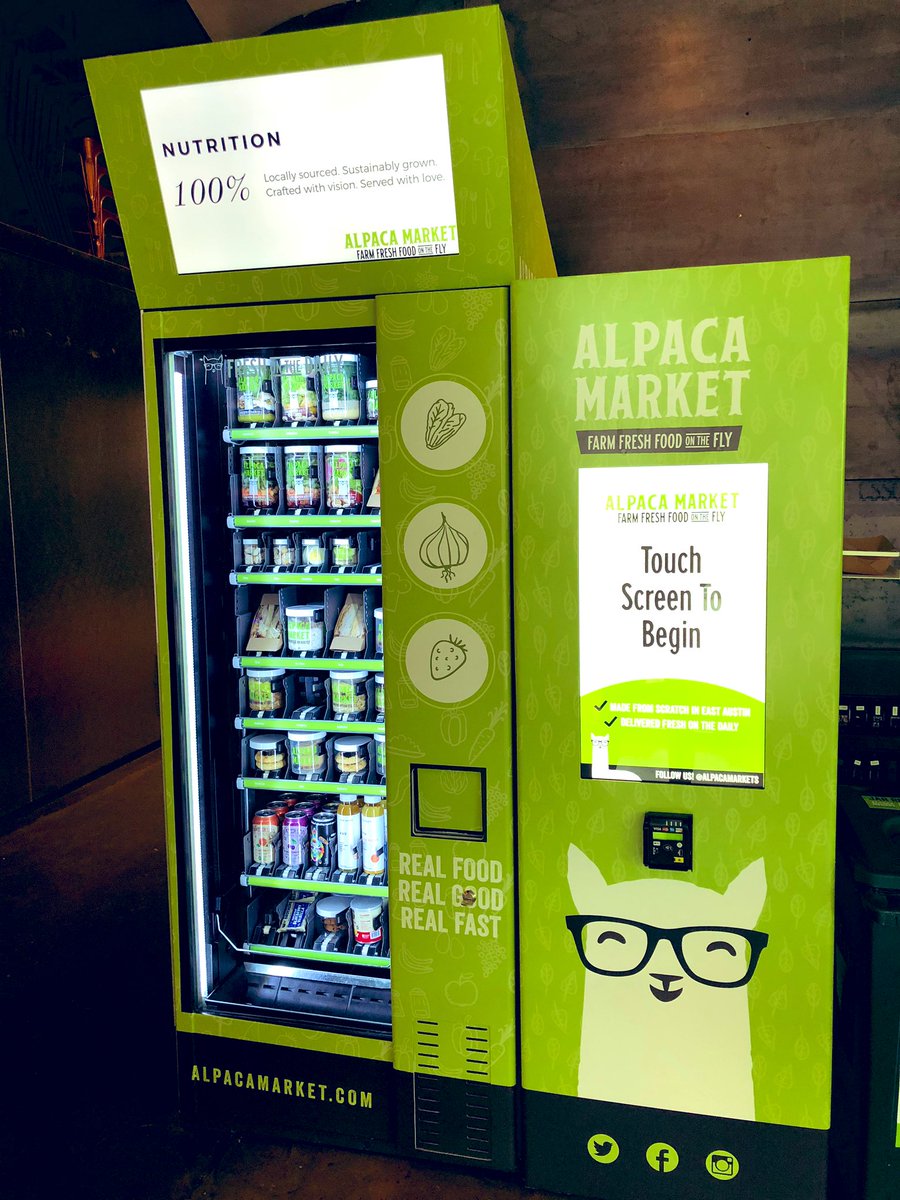 tierraonFOX7's tweet photo. Have you seen these @AlpacaMarket vending machines around town? They offer healthy options, made fresh daily. I want one. Details on the menu items, food sourcing &amp; how you can get a machine coming up on @fox7austin. https://t.co/u1sPsWkCmT
