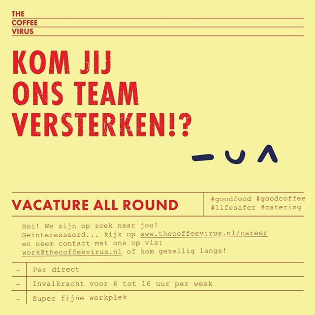Yes! Nieuw plekje vrij!
Kijk op thecoffeevirus.nl/career

#plekjevrij #lekker #werk #werkplek #vacature