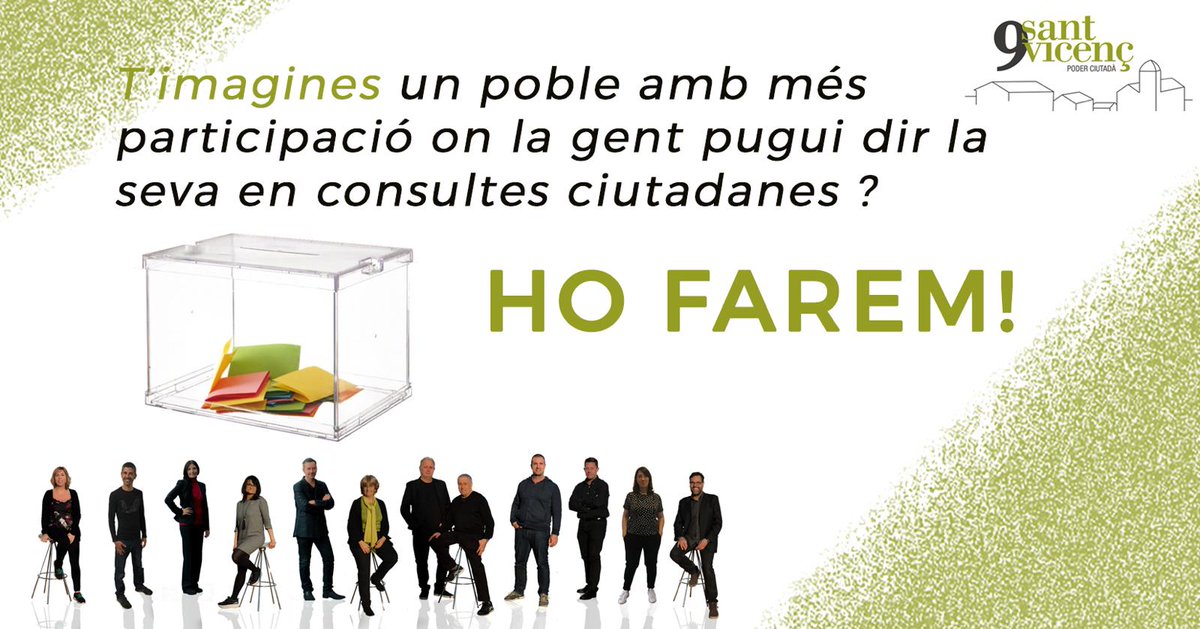 davidponscomas's tweet photo. T' ho imagines? HO FAREM!
#SantVicençdeMontalt #EleccionsMunicipals2019 #Santvi #municipalscat #municipalistes #proactius #coherents #dialogants #transparents #participatius #transversals #plurals #íntegres #integradors #clars #republicans https://t.co/swr6QrnYfa