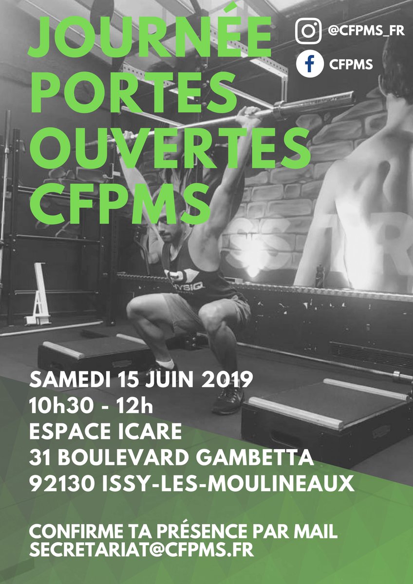 CFPMS_Rubens's tweet photo. Forme-toi aux métiers du #sport et deviens : #Coach sportif, #Professeur de #fitness, #Préparateur physique en intégrant un #Bpjeps AF, un #Bachelor ou #MBA 🎓 

Le @CFPMS t'ouvre ses portes pour te présenter ses différentes formations 

 Le 15 juin 2019 de 10h 30 à midi 

#JPO https://t.co/g16uxRNn8Z