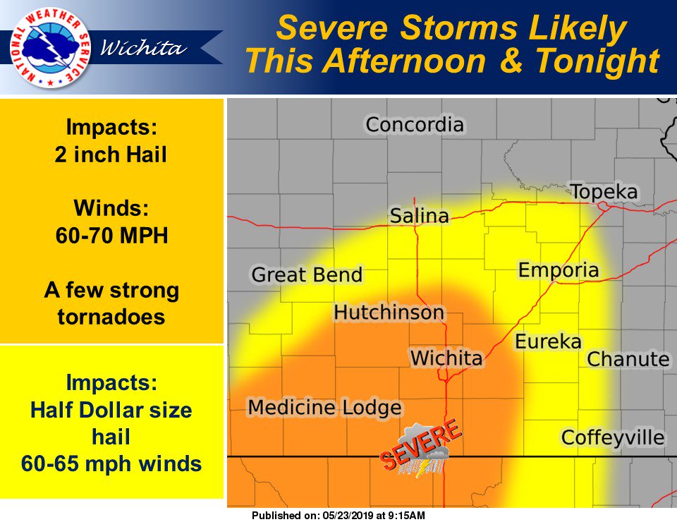 Severe storms likely this afternoon and this evening. Impacts: 2" hail, 60-70 mph winds and a few strong tornadoes. #kswx
