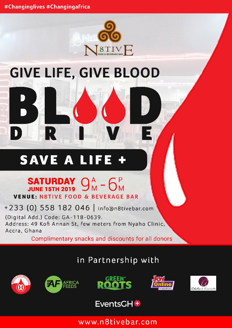 n8tivebar's tweet photo. There's no greater joy than saving a life, we want you to join us in our Blood Donation exercise with a little pint of blood from you. #n8tivebar #N8tiveExperience #blooddonators #blooddrive @n8tivebar @theafricafeeds @Greenrootsgh @joyonlineghana @adubea_ayisi @OsanimSystems https://t.co/EW2TiOT7Dz