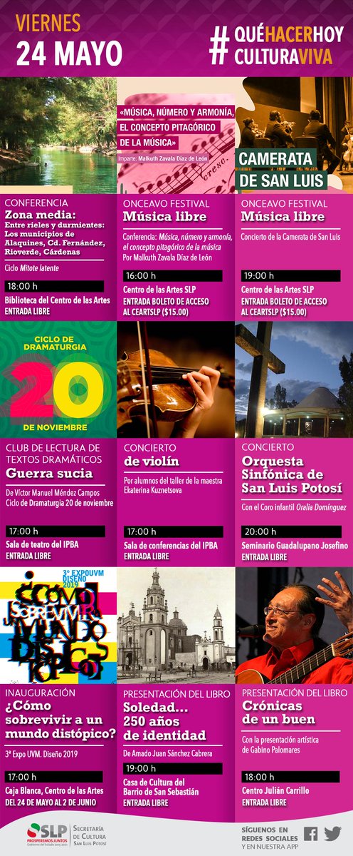 seculturaslp's tweet photo. 🔔¡La semana ha pasado volando!🔔

Ya es jueves 😱, y te invitamos a revisar nuestras recomendaciones para #hoy y mañana #viernes.
 
🎶 Música, conferencias, exposiciones, charlas, literatura y más. 🎨 🎸📖

#QuéHacerHoy
#CulturaViva
#SecretaríadeCulturaSLP
#SanLuisPotosí https://t.co/r3vRVUBt5K