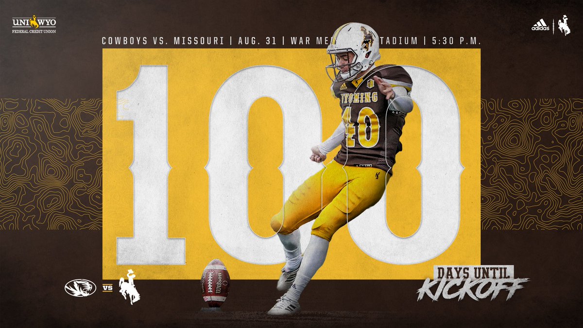 wyo_football's tweet photo. 1️⃣0️⃣0️⃣ days until we're back in the WAR‼️

Retweet and like this post for your chance to win official team gear valued at $300 courtesy of @UniWyoFCU!

#RideForTheBrand #OneWyoming https://t.co/jsp5R7mrmb