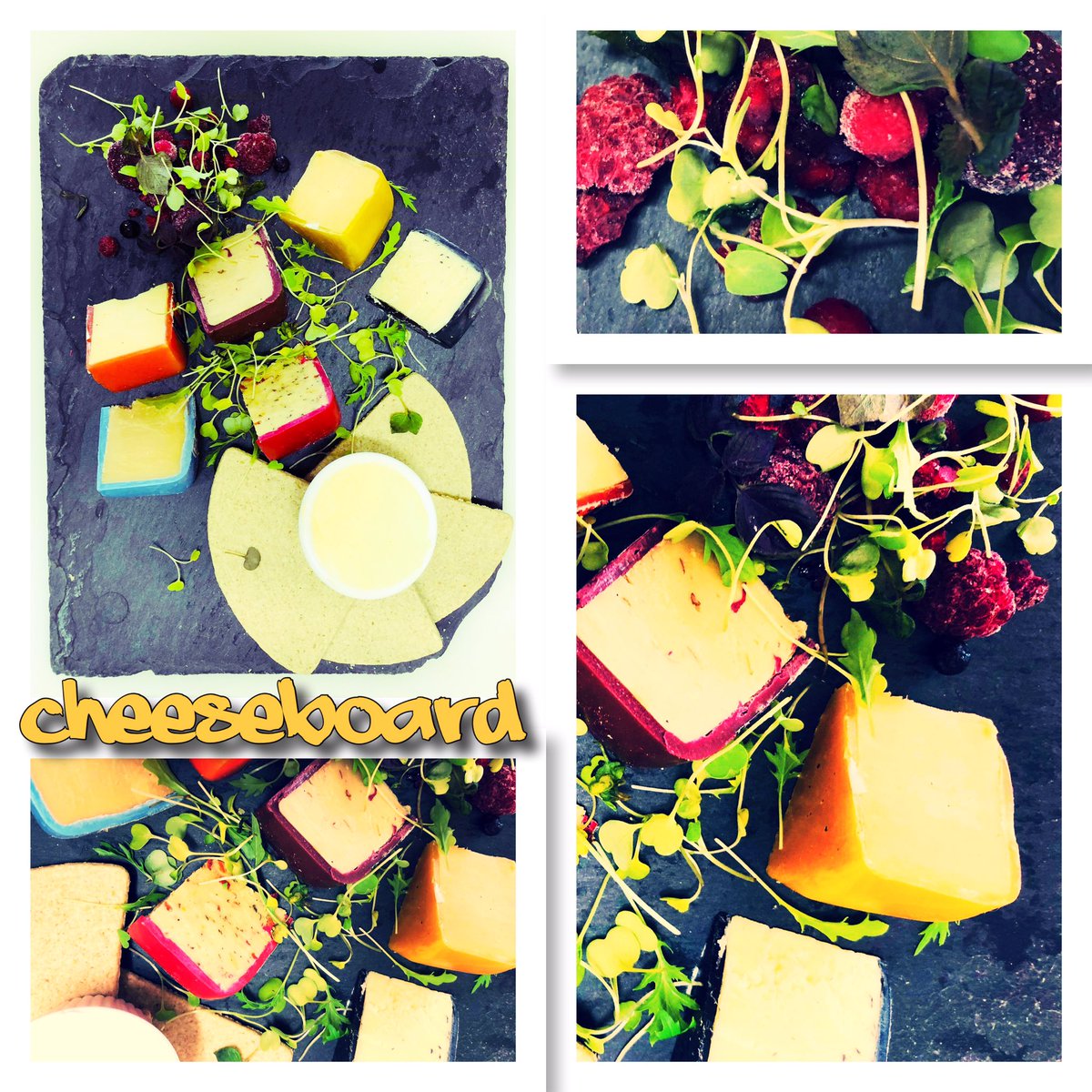 Cheeseboard at the Pavcaf. Doesn’t this look enticing! 
Why not finish up burger night by choosing one of the the following,
£7.50~6 x cheeses from The Damn Fine Co £9.50~8 x cheeses to taste. 
Served up beautifully with oatcakes, seasonal fruit &amp; micro salad.