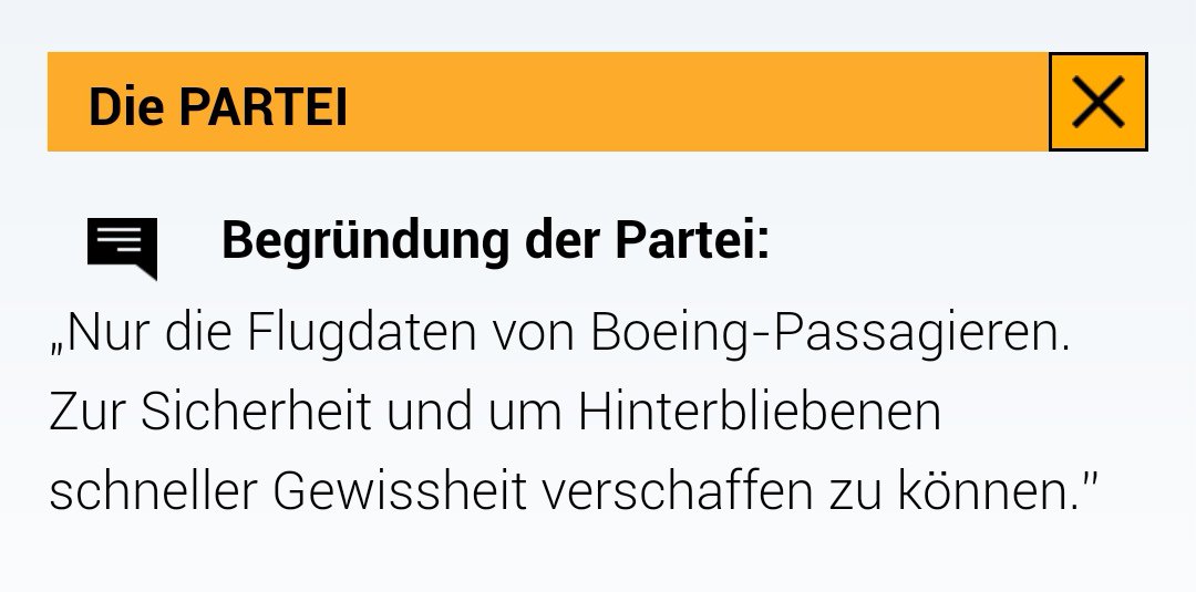 DiePARTEI_MaHe's tweet photo. #These12: Die EU-Mitgliedsstaaten sollen weiterhin Daten von Fluggästen speichern müssen.
Unsere Position: Nein!
#wahlomat #ParteiOmat #DiePARTEI #Boeing https://t.co/bSTBd54zIm