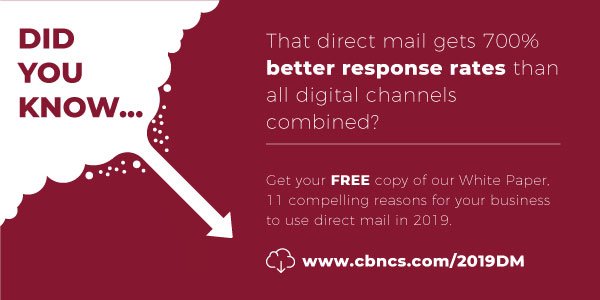 Did you know…that direct mail gets 700% better response rates than all digital channels combined? Get your free copy of our White Paper, 11 compelling reasons for your business to use direct mail in 2019. cbncs.com/2019DM #directmail #marketing #directmailmarketing