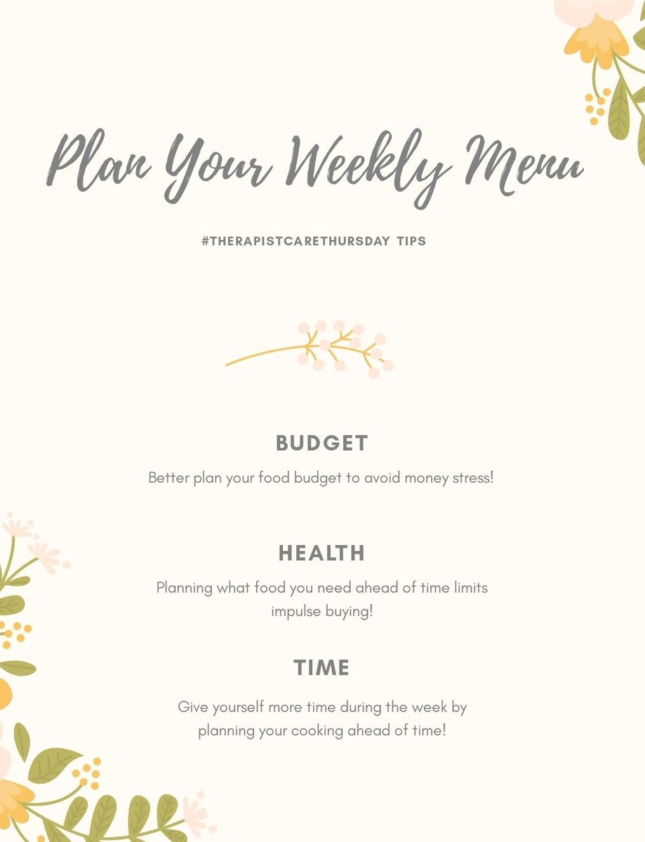 AMTAS's tweet image. Tips to avoid the daily struggle of constantly figuring out what to make for dinner!!
Planning a weekly menu ahead of time cuts down on unhealthy food choices as well as keeping down your grocery bill!

Give it a try this #therapistcarethursday and share your menu this week!