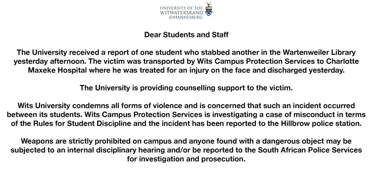 WitsUniversity's tweet image. Dear staff and students, please note the following statement on the #24HourLibrary incident that occurred yesterday, thank you. 

👇🏿👇🏼👇🏽