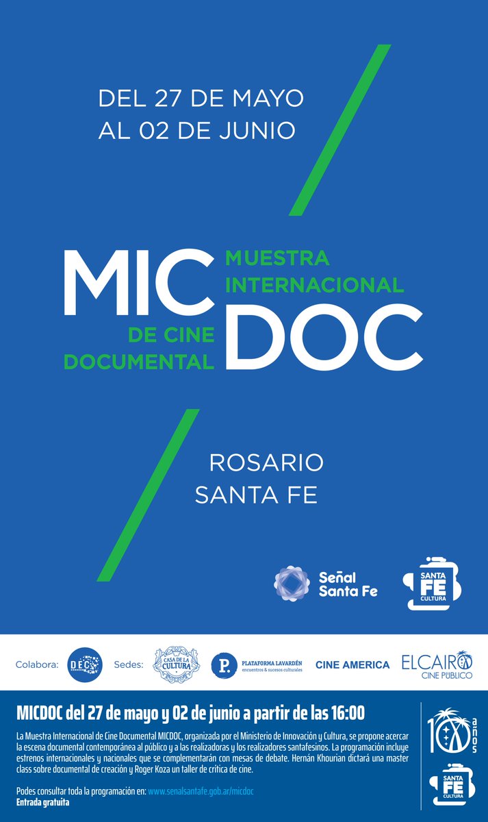 Desde el 27/05 al 02/06 lega al <a href="/CineElCairo/">Cine El Cairo</a>  la Muestra Internacional de Cine Documental #micdoc Rosario con una películas de Alemania, Bélgica, Croacia, Eslovenia, España, Estados Unidos, Líbano y Argentina. 
<a href="/senalsantafe/">Señal Santa Fe</a> 

Programación completa ⬇
⬇ow.ly/WJJ130oOepS