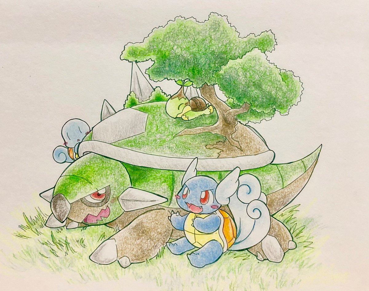 りゅうき 世界亀の日 ドダイトス カメール ナエトル ゼニガメ 1日1絵 ギリギリ トレンドで亀 の日があったので 海亀と陸亀ぽいのを