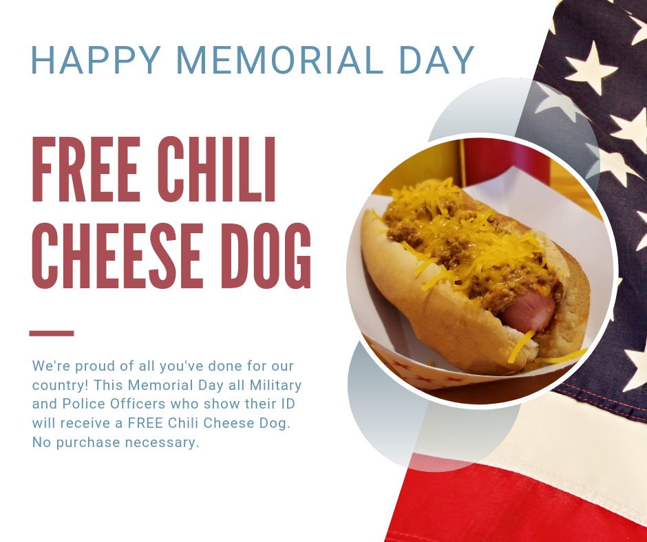 RobsRockinDogs's tweet photo. We are open this Memorial Day and are giving a free chili cheese dog to all Military and Police officers. Spend time with your loved ones and let us do the grilling! #MemorialDay2019 #NOLA #neworleans #rockindogs #supportlocal #SmallBiz https://t.co/Lse6UUF7tM