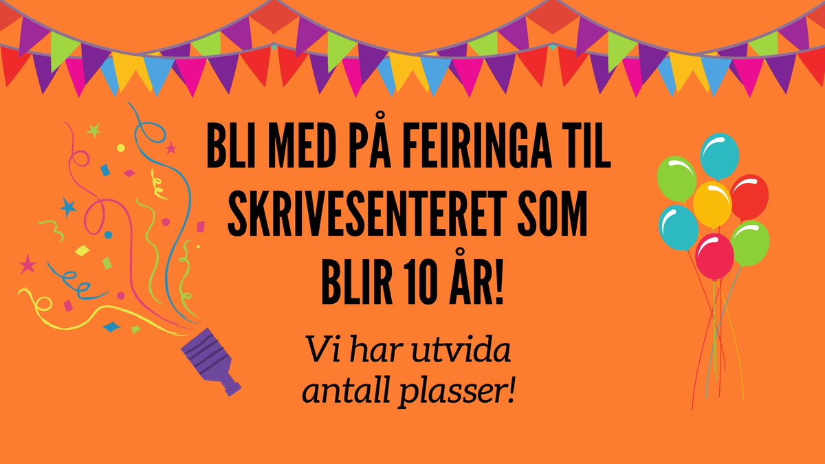 Skrivesenteret blir som kjent ti år i år. På grunn av stor interesse for vår jubileumskonferanse har vi utvida kapasiteten og dermed forlenga påmeldingsfristen. Ny påmeldingsfrist er 21. juni. Påmelding fra denne sida: skrivesenteret.no/ressurser/skri…
