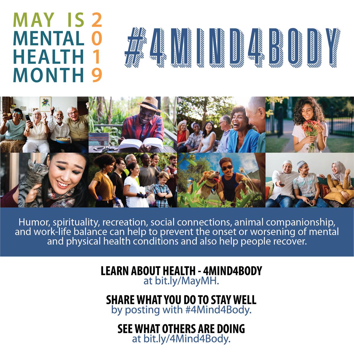Qualidigm's tweet image. 2019 marks the 70th year that #MentalHealthMonth will be observed. Raise awareness and celebrate mental
wellness by downloading this year’s toolkit: mentalhealthamerica.net/may #4Mind4Body #MHM2019