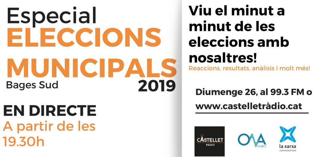 castelletradio's tweet photo. Programació especial per les #EleccionsMunicipals a #SantVicenç. Diumenge, a partir de les 19.30h, segueix-nos en directe al 99.3 FM o a https://t.co/U3LTEYXQyK https://t.co/Nf8K9ROr9E