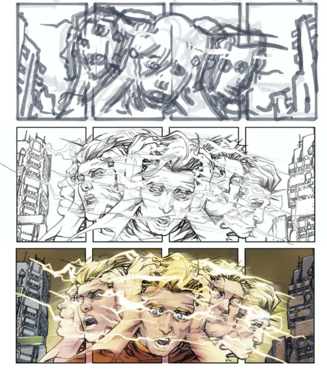 MrHowardPorter's tweet photo. The evolution of a panel from rough to @hificolor 's fabulous work. Barry loses control, Flash #71 on the stands yesterday. Drawing #FlashYearOne & #livingthedream https://t.co/exjseALy4i