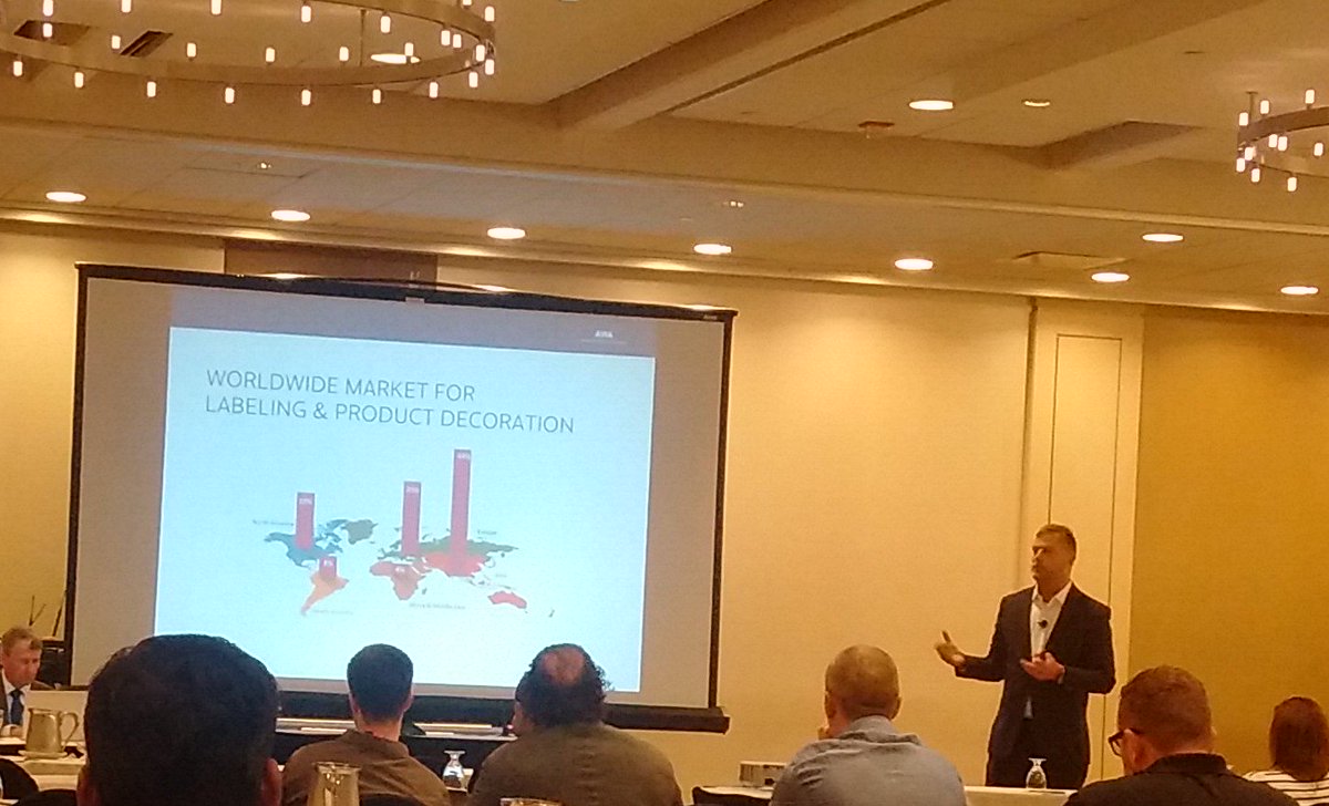debbiethorp's tweet image. 2nd day of the @ESMA_Print #theijc event in Chicago with a special track from @AWA_Worldwide on #digitallabels and #digitalpackaging.  Corey Reardon of AWA starting the session with an update on the global label and product decoration market.