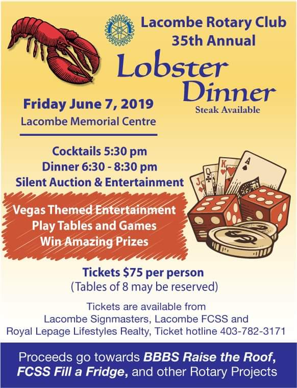 The Lacombe Rotary #lobsterfest 🦐🦀 (where's the lobster emoji?!?!) is on June 7!  Tickets are still available. <a href="/LacombeFCSS/">Lacombe FCSS</a> @BBBSLacombe