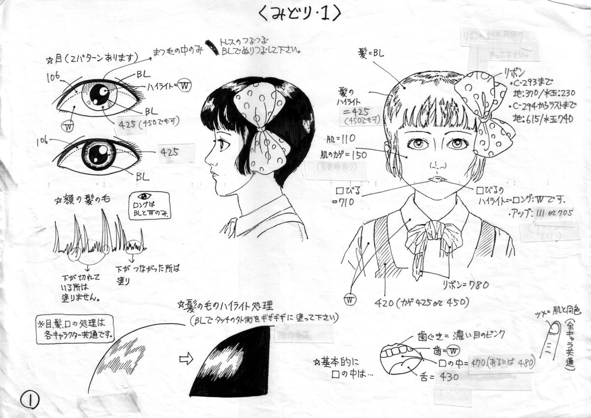 Kiyubaru きゆばる 19 1991年頃 彩色スタッフに配られた みどり の設定書 地下幻燈劇画少女椿