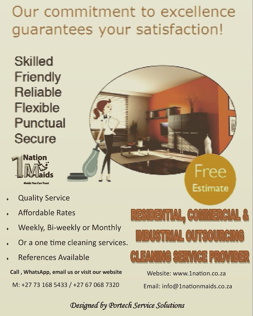 PortechService's tweet image. 1Nation Maids - your residential, commercial and industrial cleaning service provider! Don't Delay, get your free quote contact Lefa @1Nationmaids on 
073 168 5433 or 067 068 7320. This ad was brought to you by portech service solutions!#cleaningroutine #cleans #clean #cleanhouse