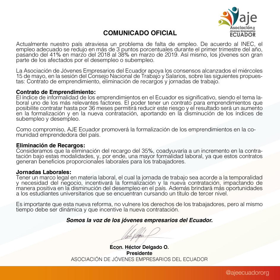 ajeecuadororg's tweet photo. #ComunicadoOficial de la Asociación de Jóvenes Empresarios del Ecuador sobre la #ReformaLaboral @MinTrabajoEc @Industriasgye @RichardM_A @abgmadero #SomosAJE https://t.co/eeU0q3AX5d