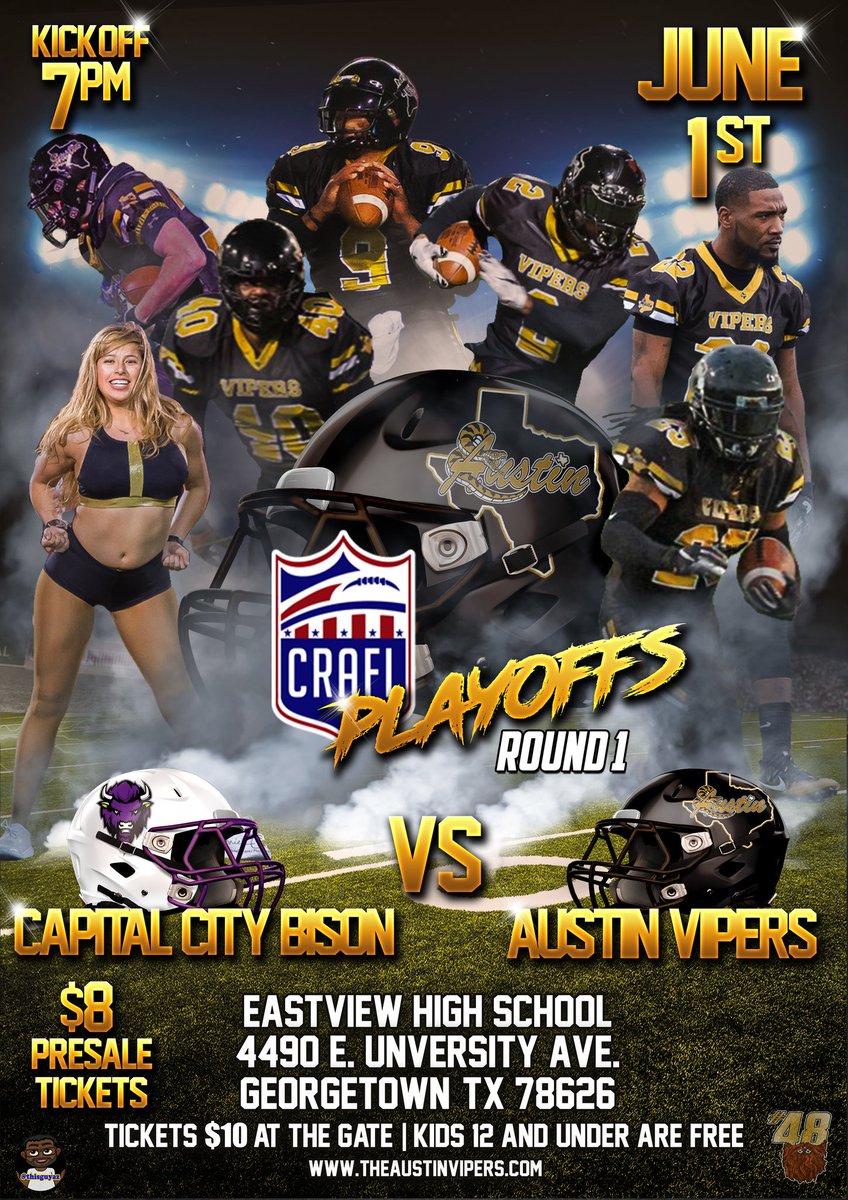 AustinVipers's tweet photo. Playoffs! 🐍🏈
 #austinvipers #vipernation #capitalcitybison #crafl #playoffs #1stround #48reasons #winforsamsami https://t.co/KcHzwdFXUU