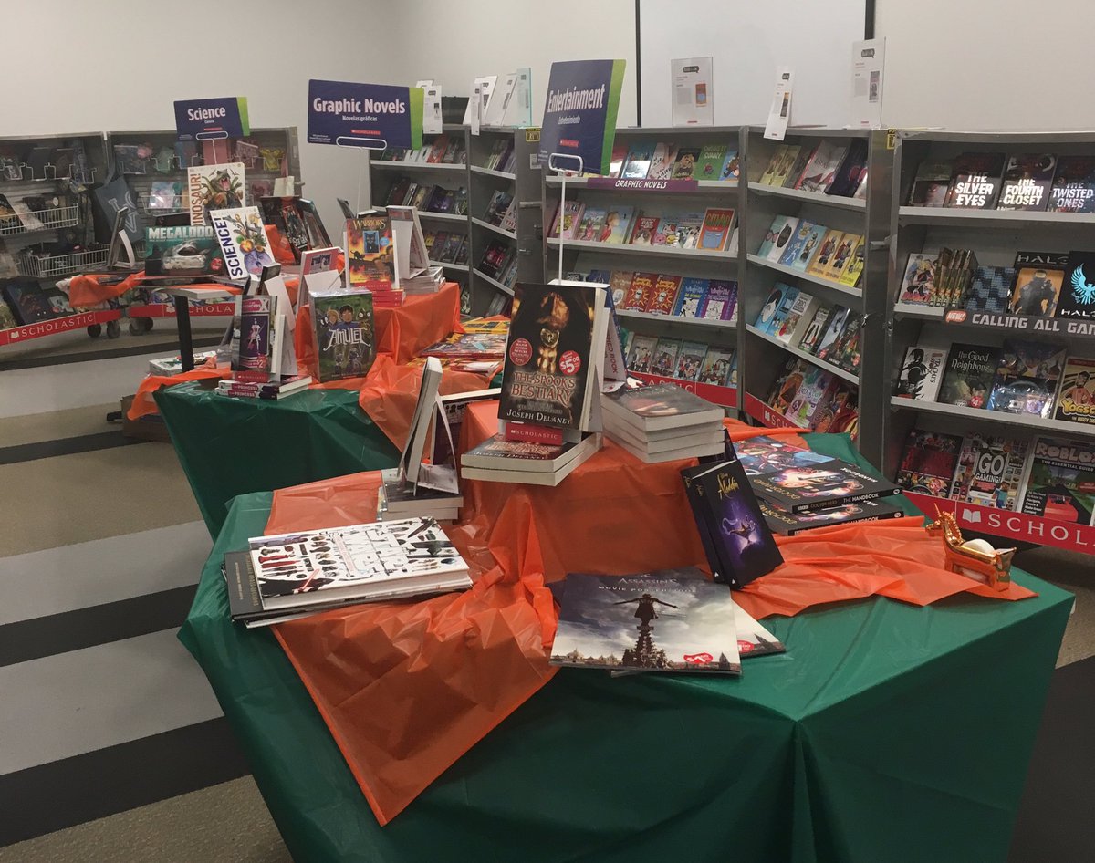 PrincetonMS_LC's tweet photo. Our amazing student book fair crew have transformed our Learning Commons this morning! Visit our @Scholastic Book Fair next week and see their displays & recommendations. @jwreadingteach https://t.co/23wnnppzs0