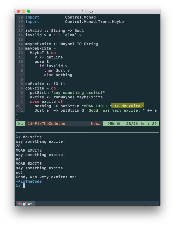 pfmrph's tweet photo. 5/#100DaysOfCode:
Still a beginner #learningHaskell, but I love that I can
∙ pick up some code I haven't seen in months
∙ add a couple words that change the behavior from an early return to a loop
∙ be confident it works (because it type-checks) https://t.co/D1tCfcfvuL