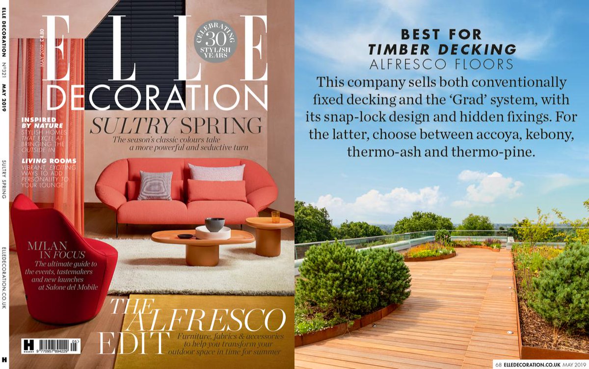 AlfrescoFloors's tweet photo. @AlfrescoFloors just love the May @ELLEDecoUK feature: #Outdoor Flooring ‘Must-Use’ materials @AlfrescoFloors voted #best for #timber #decking.  Our Chris Short is interviewed on the best varieties for #wood #decking >>> Read more:  https://t.co/WyG8oNlqZx https://t.co/A8CuEnsZsA