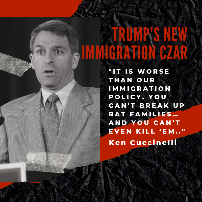ProgressVA's tweet photo. Trump's new immigration czar, Ken Cuccinelli, compared immigrants to rats, saying "You canโt break up rat families...and you canโt even kill โem." We deserve better than racist policies and racist leaders. #KeepKenOut #FamiliesBelongTogether https://t.co/oQcbkX8iS9
