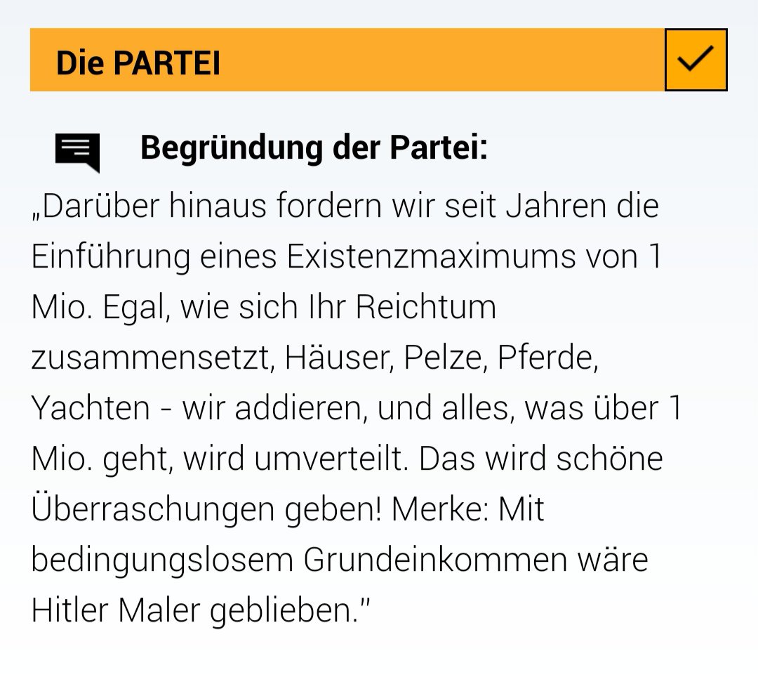 DiePARTEI_MaHe's tweet photo. #These13: Die EU soll sich für die Einführung eines nationalen Mindestlohns in allen Mitgliedsstaaten einsetzen.
Unsere Position: Ja
#wahlomat #ParteiOmat #DiePARTEI #EP2019 https://t.co/FN8dCntcZH