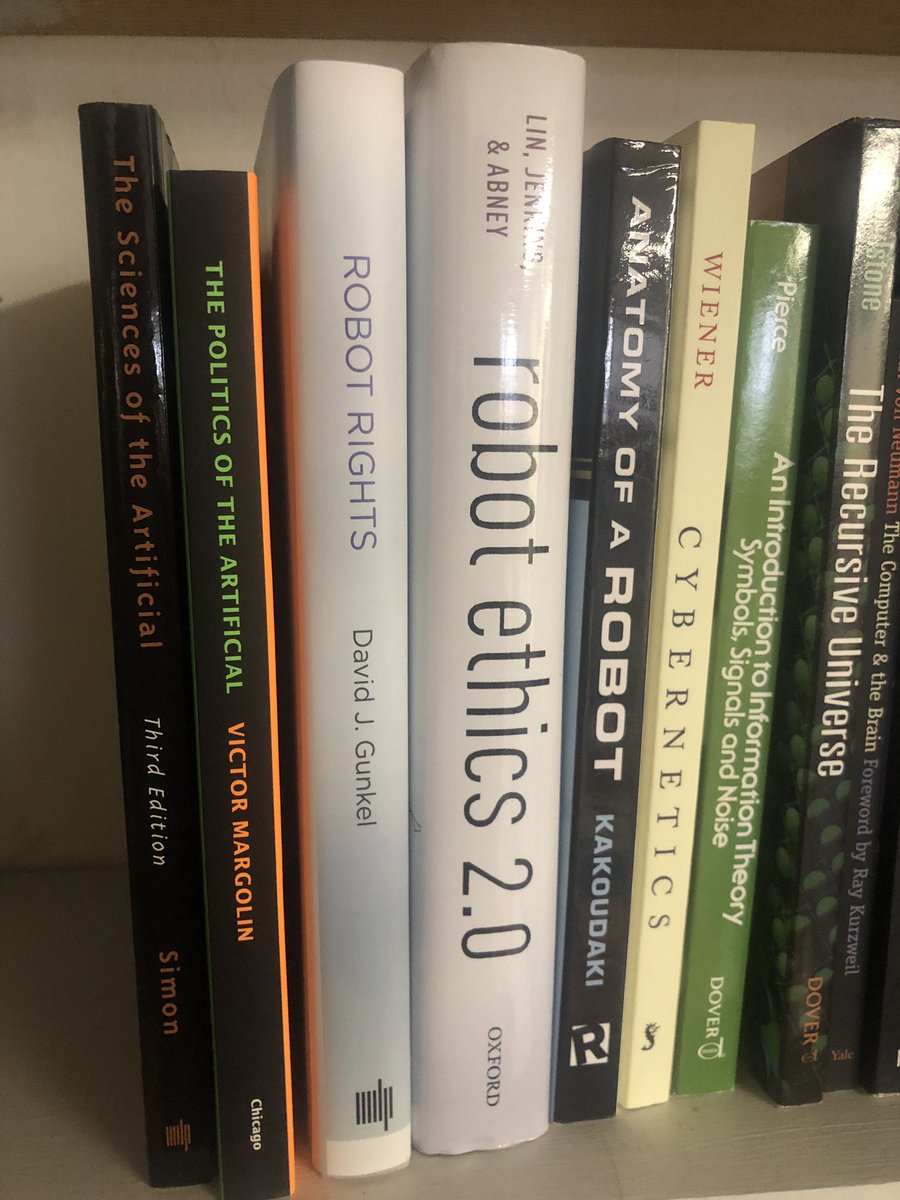 SfPRocur's tweet image. Here is the view from my book shelf. Unfortunately, several really important books are at my office but I think this provides some starting points for anyone interested in #AIethics #robotethics #cyborgethics