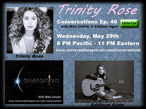 Conversradio's tweet photo. Conversations Ep.46 - @trinityroselive and cohost @AddisonAgen
Next Wednesday 8 PM Pacific - 11 PM Eastern LIVE
https://t.co/UCQropkGyp
#AddisonAgen #TrinityRose #Music #MissYou #NBCTheVoice https://t.co/clGzbnllDk