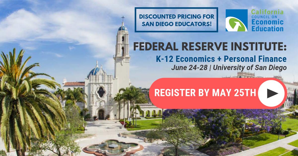 TheCCEE's tweet image. ONLY 2 DAYS LEFT to reserve your spot for the Fed Reserve Institute this summer! Join us at @uofsandiego to learn engaging ways to incorporate economics into your classroom! P.S. Local San Diego educators can access reduced pricing (excludes stay accommodations). #keeplearningca
