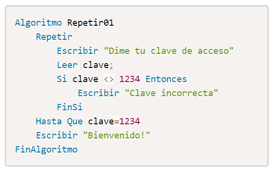 AprendeAprog's tweet photo. #Pseudocódigo 08: La orden #RepetirHasta comprueba la condición al final del #bucle,  lo que garantiza que siempre se dé al menos una pasada ... #pseudocode #coder #programmer #coding #developer #pseint https://t.co/sA4FMYS3Sb