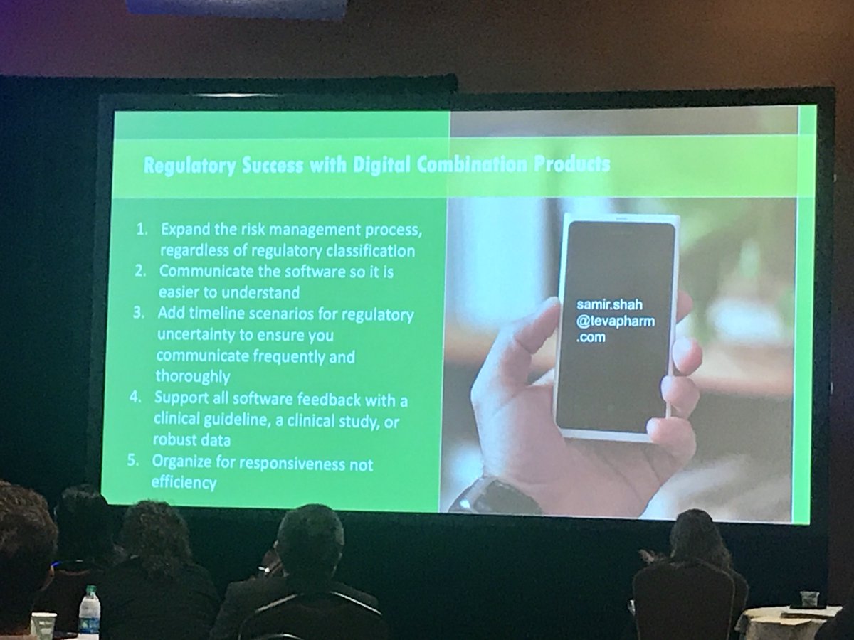 anitamulero's tweet photo. .@TevaUSA assoc director Samir Shah offers 5 tips for regulatory success w digital combination products, notes tip #3 (add timeline scenarios for regulatory uncertainty to ensure you communicate frequently and thoroughly) has been the @AdvaMedUpdate #DMTC19 theme #DigitalMedTech https://t.co/zUlnOufmbG