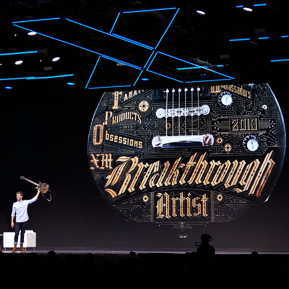 bigsecretstudio's tweet photo. We shredded on these laser engraved guitars for our second colossal project with @kevinrcantrell - this time for the @Qualtrics X4 Summit. Keynote speakers included @BarackObama &amp; @Oprah. Art direction by Jason Johnson. Thanks to everyone involved for making this one so fun. 🎸⚡️ https://t.co/hS8jJ3Msxr