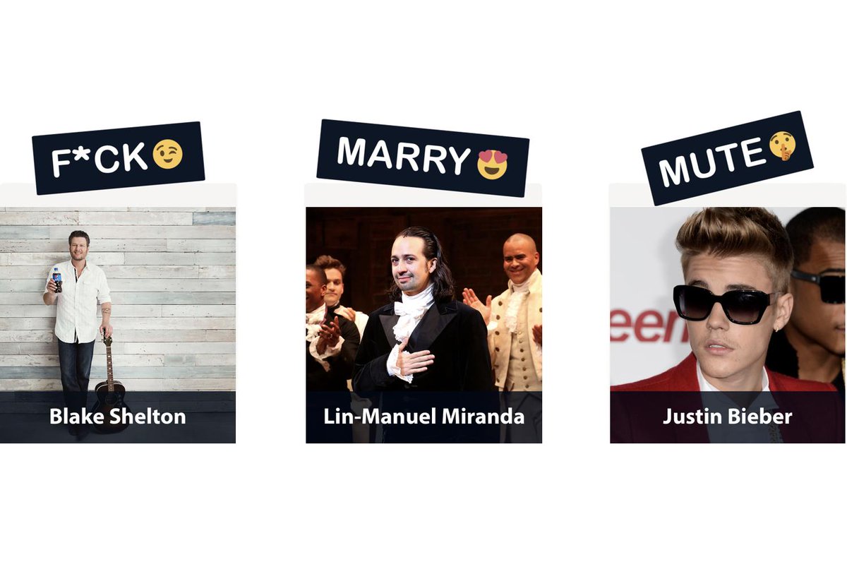 BravoScoreApp's tweet photo. Who would you...? Play the game and see which artist you get matched with, plus get more show recommendations tailored to you! Link in bio.  #fuckmarrymute #fuckmarrykill #mistycopeland #adamlevine #chrisbrown #justinbieber #blakeshelton #linmanuelmiranda #hamilton #liveshows https://t.co/FfGyGlZ0QL