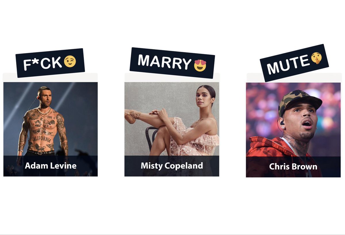 BravoScoreApp's tweet photo. Who would you...? Play the game and see which artist you get matched with, plus get more show recommendations tailored to you! Link in bio.  #fuckmarrymute #fuckmarrykill #mistycopeland #adamlevine #chrisbrown #justinbieber #blakeshelton #linmanuelmiranda #hamilton #liveshows https://t.co/FfGyGlZ0QL