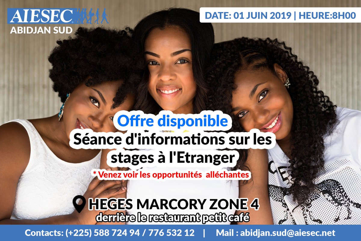 AIESEC_ABS's tweet photo. Offre de stage disponible dans plus de 120 pays. Rejoins-nous vite sur https://t.co/bX6HncN4Ie. Plus d'informations le 01 juin à partir de 08 h à HEGES, marcory zone 4 derrière le restaurant petit café. https://t.co/PmdWZB4ah4