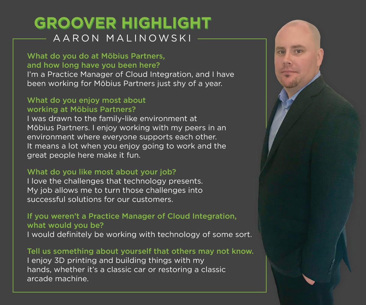 MobiusPartners's tweet photo. Say hello to Aaron Malinowski, this month’s #GrooverHighlight. We asked 5 get-to-know-you questions that he answered in 5 minutes or less. #TechnicalTalent #Groovers https://t.co/0hCbNDicEZ