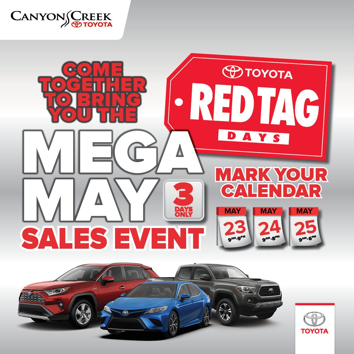 CCToyota's tweet photo. MEGA MAY 3 DAY SALES EVENT
Rates from 0% | Cash back up to $4,000 | Plus, up to an extra $1,000 off 

Visit Canyon Creek Toyota for a test drive or start browsing our inventory online: https://t.co/6eOSqXPJgg

But hurry, only for three days! 

#Toyota #Sale #JimPattisonAutoGroup https://t.co/680bLG1vB9